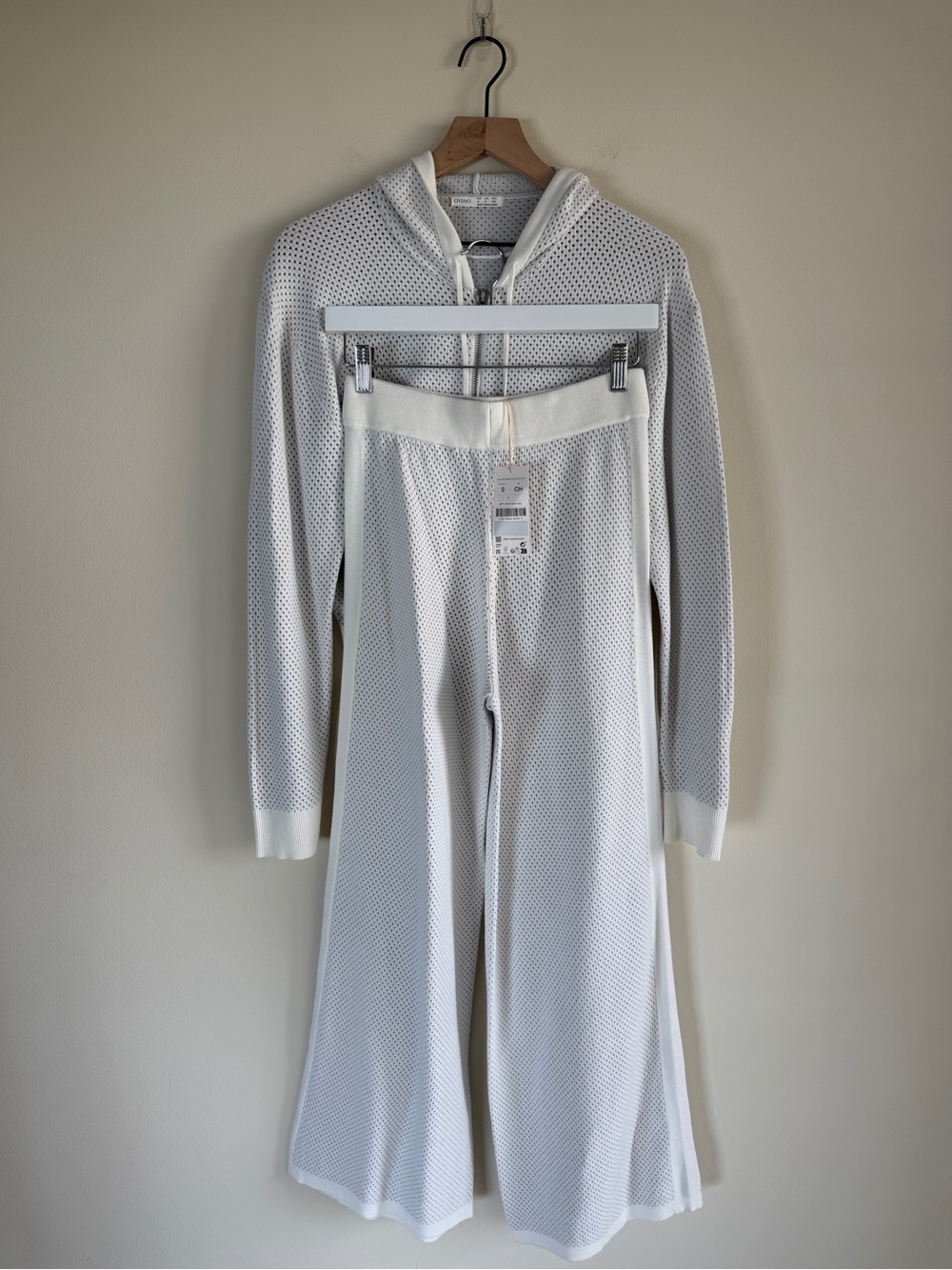 OYSHO Openwork Knit Hoodie Wide Leg Pants Matching Tracksuit Set White Size S